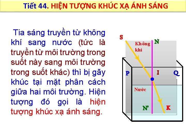 Tiết 44. HIỆN TƯỢNG KHÚC XẠ ÁNH SÁNG Tia sáng truyền từ không khí