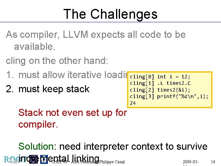 The Challenges As compiler, LLVM expects all code to be available. cling on the