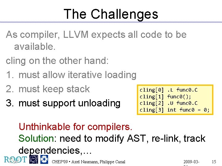The Challenges As compiler, LLVM expects all code to be available. cling on the