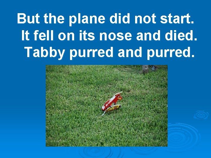 But the plane did not start. It fell on its nose and died. Tabby