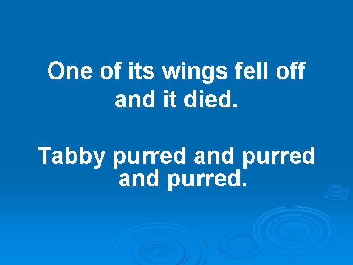One of its wings fell off and it died. Tabby purred and purred. 