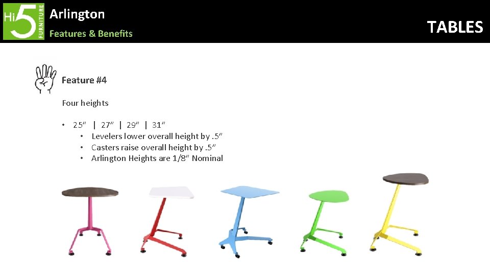 Arlington Features & Benefits Feature #4 Four heights • 25” • • • |
