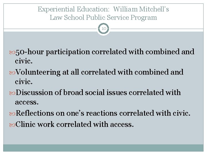 Experiential Education: William Mitchell’s Law School Public Service Program 10 50 -hour participation correlated
