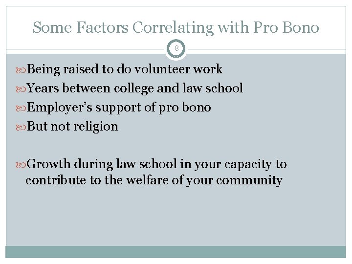 Some Factors Correlating with Pro Bono 8 Being raised to do volunteer work Years