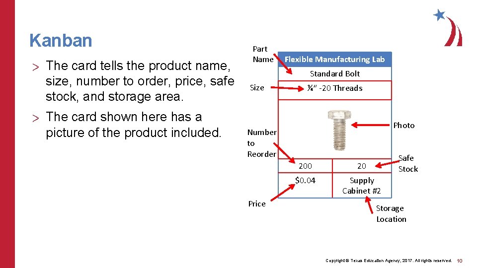 Kanban > The card tells the product name, size, number to order, price, safe