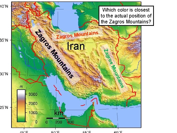 Which color is closest to the actual position of the Zagros Mountains? ros Mo
