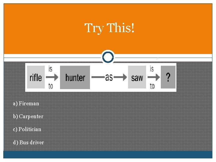 Try This! a) Fireman b) Carpenter c) Politician d) Bus driver 