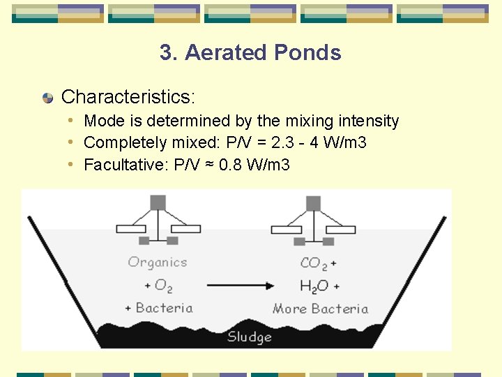 3. Aerated Ponds Characteristics: • Mode is determined by the mixing intensity • Completely