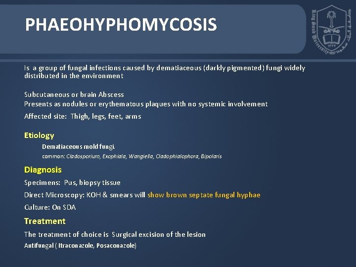 PHAEOHYPHOMYCOSIS Is a group of fungal infections caused by dematiaceous (darkly pigmented) fungi widely