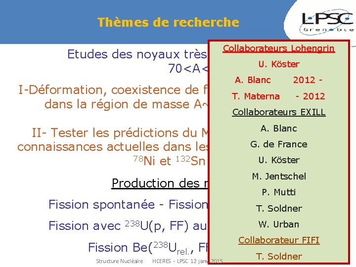 Thèmes de recherche Collaborateurs Lohengrin Etudes noyaux très riches en neutrons U. Köster 70<A<160