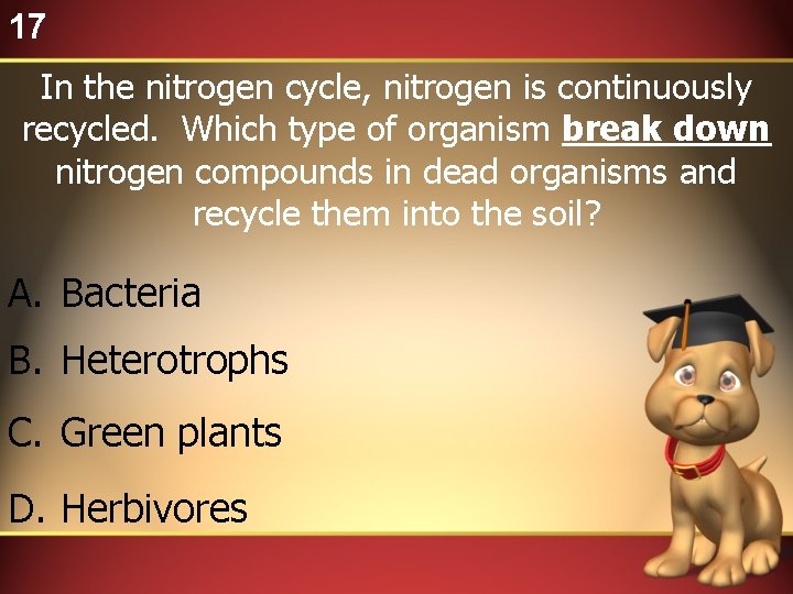 17 In the nitrogen cycle, nitrogen is continuously recycled. Which type of organism break