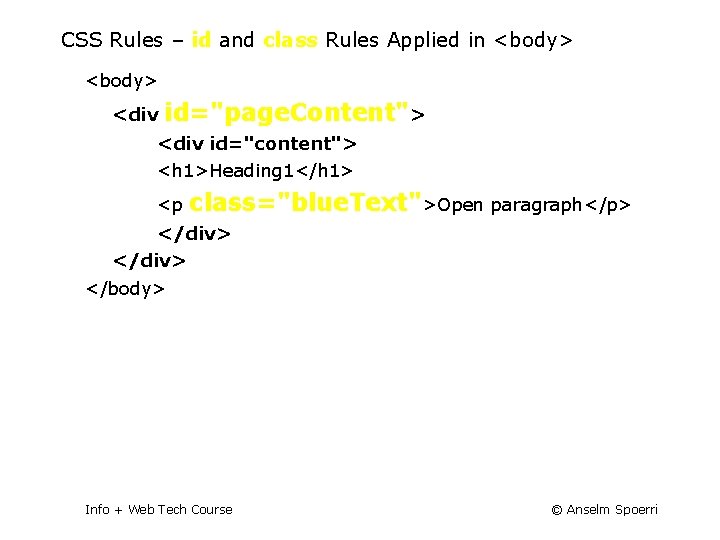 CSS Rules – id and class Rules Applied in <body> <div id="page. Content"> <div