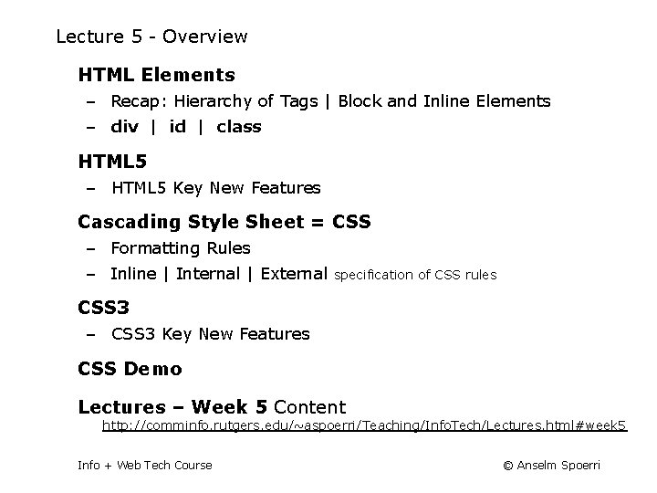 Lecture 5 - Overview HTML Elements – Recap: Hierarchy of Tags | Block and