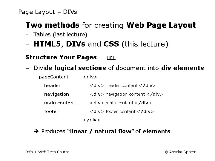 Page Layout – DIVs Two methods for creating Web Page Layout ‒ Tables (last