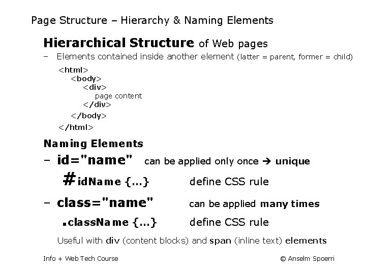 Page Structure – Hierarchy & Naming Elements Hierarchical Structure of Web pages ‒ Elements