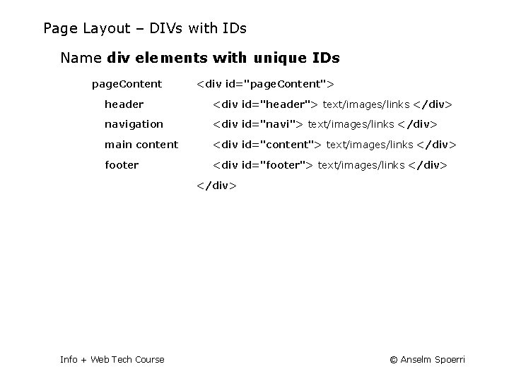 Page Layout – DIVs with IDs Name div elements with unique IDs page. Content