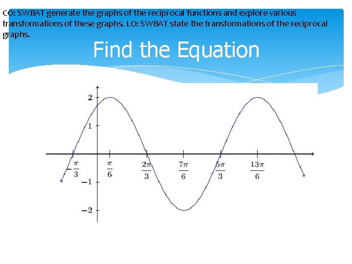 CO: SWBAT generate the graphs of the reciprocal functions and explore various transformations of