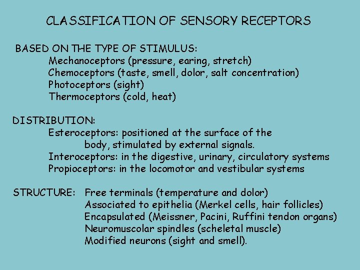 CLASSIFICATION OF SENSORY RECEPTORS BASED ON THE TYPE OF STIMULUS: Mechanoceptors (pressure, earing, stretch)