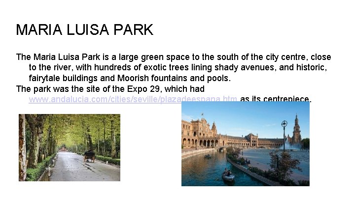 MARIA LUISA PARK The Maria Luisa Park is a large green space to the