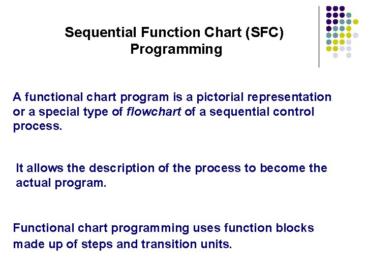 Sequential Function Chart (SFC) Programming A functional chart program is a pictorial representation or Sequential Function Chart (SFC) Programming A functional chart program is a pictorial representation or