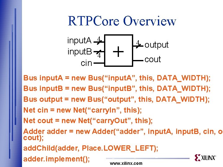 RTPCore Overview input. A 4 input. B 4 cin + 4 output cout Bus