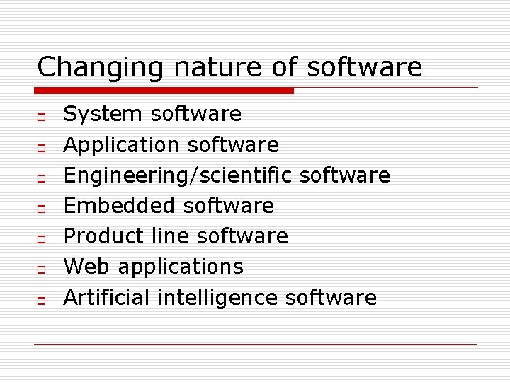 Changing nature of software o o o o System software Application software Engineering/scientific software