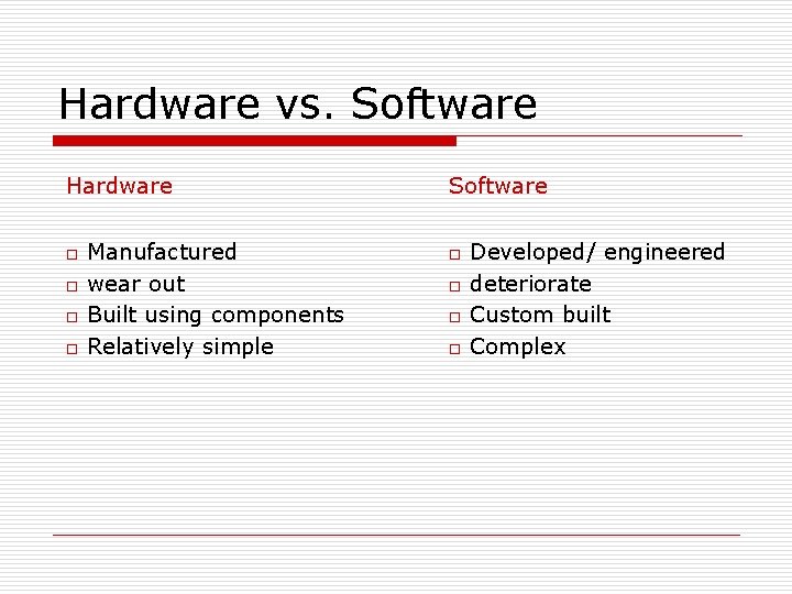 Hardware vs. Software Hardware o o Manufactured wear out Built using components Relatively simple