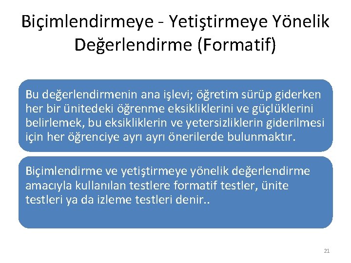 Biçimlendirmeye - Yetiştirmeye Yönelik Değerlendirme (Formatif) Bu değerlendirmenin ana işlevi; öğretim sürüp giderken her