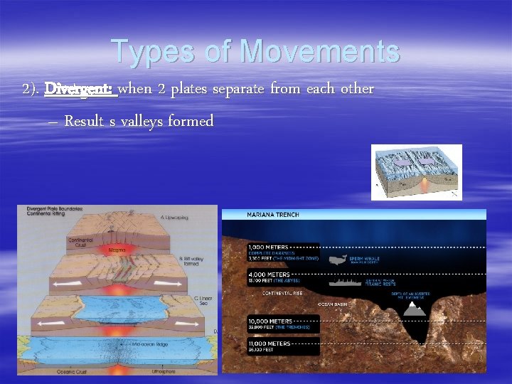 Types of Movements 2). Divergent: when 2 plates separate from each other – Result