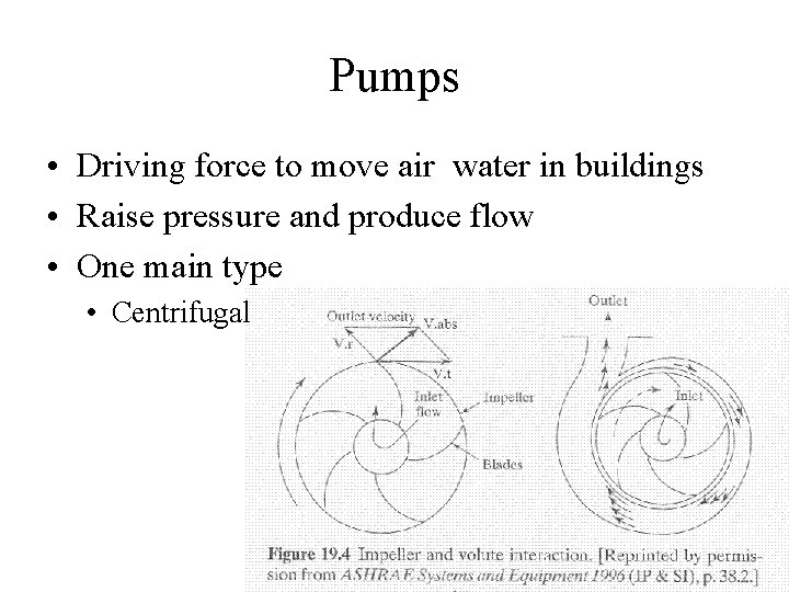 Pumps • Driving force to move air water in buildings • Raise pressure and