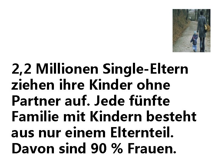 2, 2 Millionen Single-Eltern ziehen ihre Kinder ohne Partner auf. Jede fünfte Familie mit