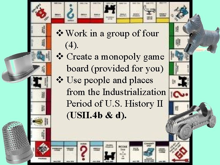 v Work in a group of four (4). v Create a monopoly game board