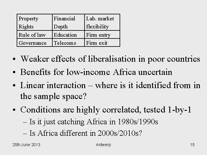 Property Rights Rule of law Governance Financial Depth Education Telecoms Lab. market flexibility Firm