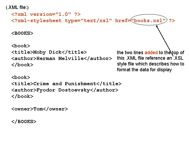 (. XML file: ) <? xml version="1. 0" ? > <? xml-stylesheet type="text/xsl" href="books.