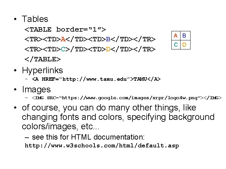  • Tables <TABLE border=“ 1”> <TR><TD>A</TD><TD>B</TD></TR> <TR><TD>C>/TD><TD>D</TD></TR> </TABLE> A B C D •