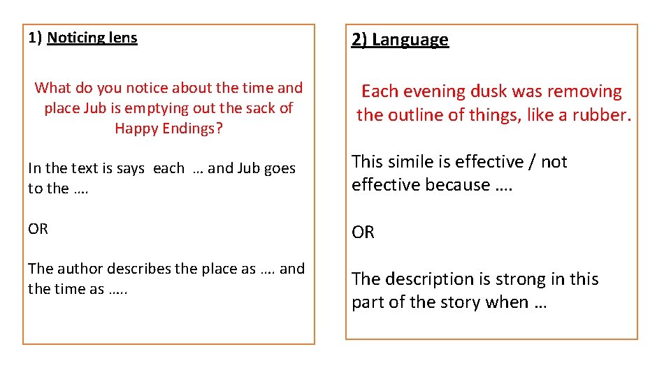 1) Noticing lens What do you notice about the time and place Jub is