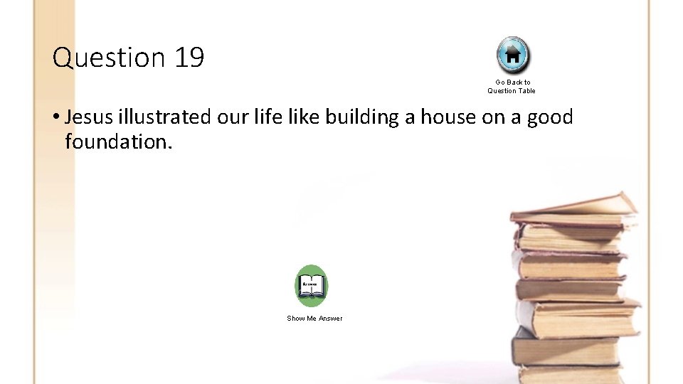 Question 19 Go Back to Question Table • Jesus illustrated our life like building