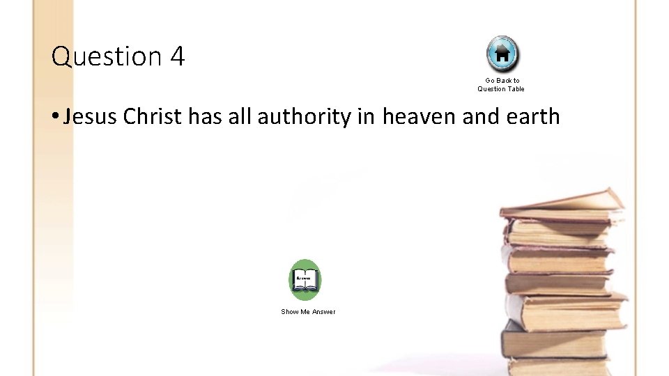 Question 4 Go Back to Question Table • Jesus Christ has all authority in