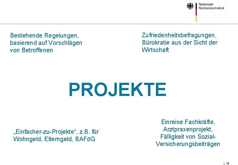 Bestehende Regelungen, basierend auf Vorschlägen von Betroffenen Zufriedenheitsbefragungen, Bürokratie aus der Sicht der Wirtschaft