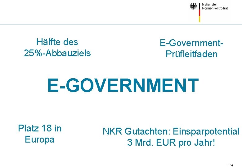 Hälfte des 25%-Abbauziels E-Government. Prüfleitfaden E-GOVERNMENT Platz 18 in Europa NKR Gutachten: Einsparpotential 3
