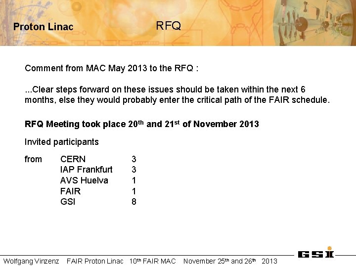 RFQ Proton Linac Comment from MAC May 2013 to the RFQ : . .