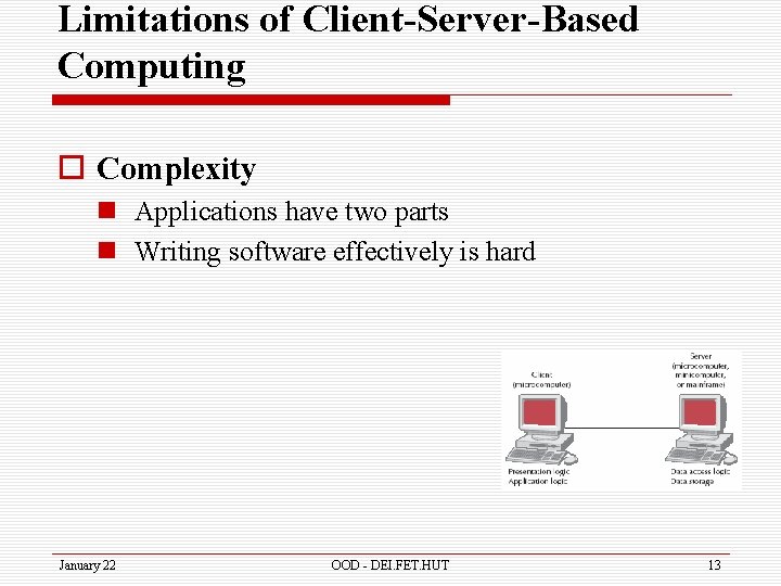 Limitations of Client-Server-Based Computing o Complexity n Applications have two parts n Writing software