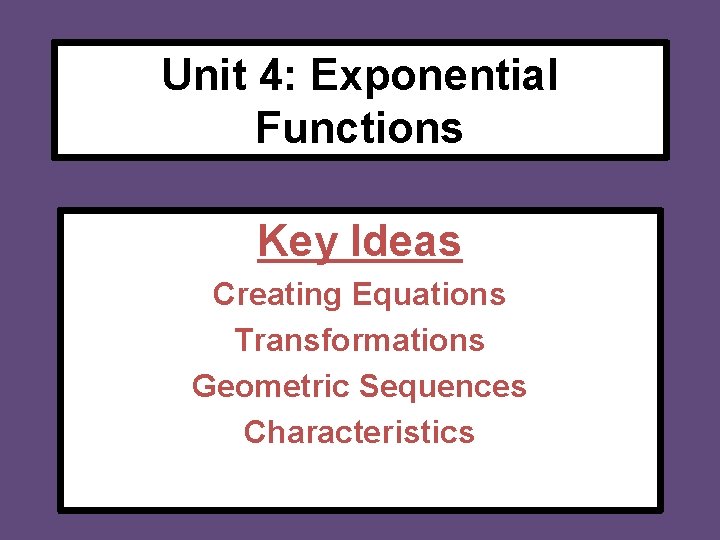 Unit 4: Exponential Functions Key Ideas Creating Equations Transformations Geometric Sequences Characteristics 