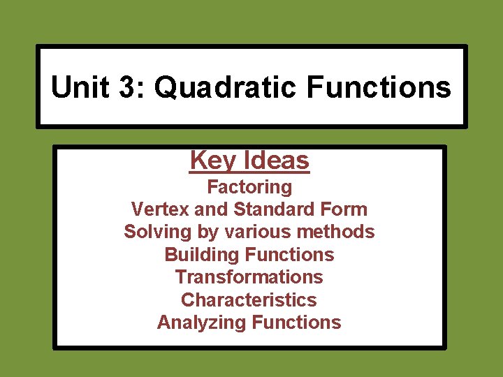 Unit 3: Quadratic Functions Key Ideas Factoring Vertex and Standard Form Solving by various