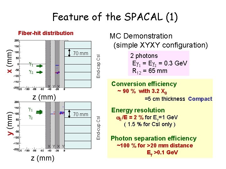 Feature of the SPACAL (1) 70 mm g 1 g 2 MC Demonstration (simple