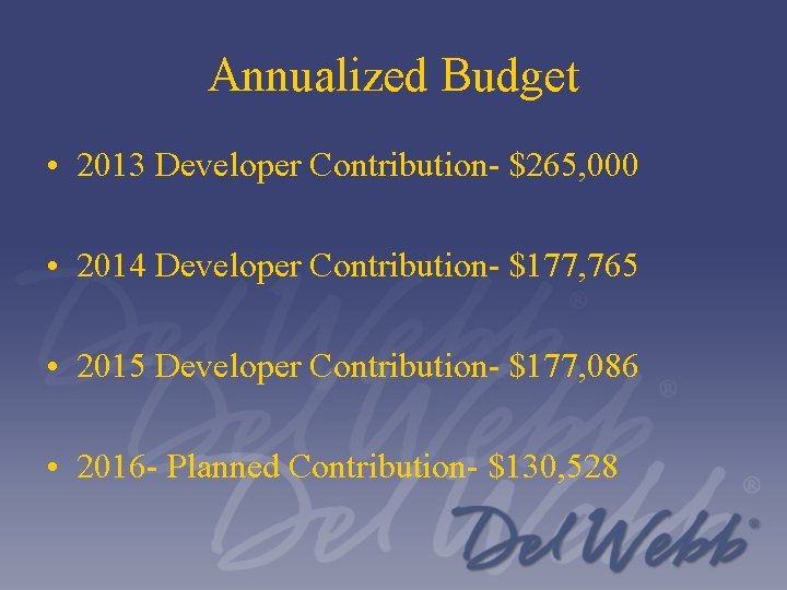 Annualized Budget • 2013 Developer Contribution- $265, 000 • 2014 Developer Contribution- $177, 765