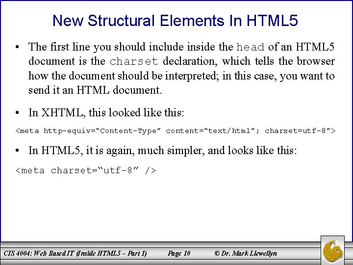 New Structural Elements In HTML 5 • The first line you should include inside
