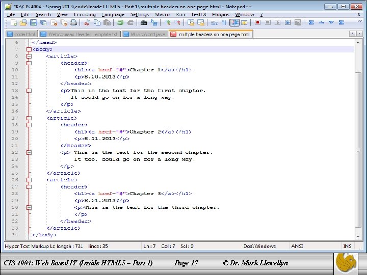 New Structural Elements In HTML 5 CIS 4004: Web Based IT (Inside HTML 5