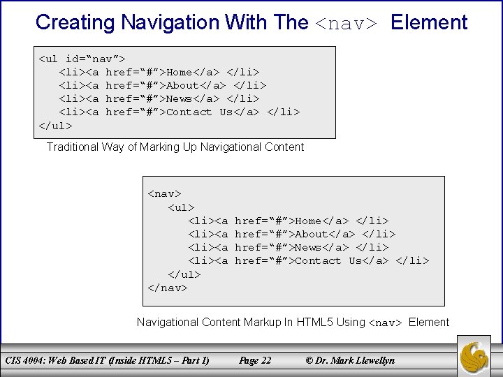 Creating Navigation With The <nav> Element <ul id=“nav”> <li><a href=“#”>Home</a> </li> <li><a href=“#”>About</a> </li>