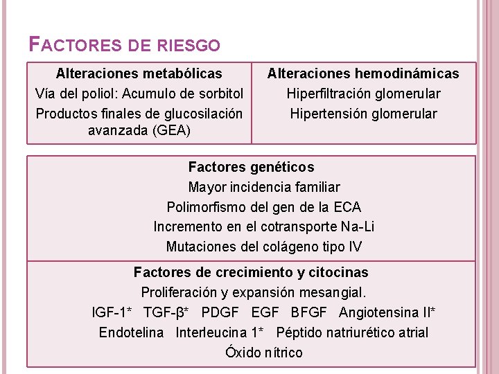 FACTORES DE RIESGO Alteraciones metabólicas Vía del poliol: Acumulo de sorbitol Productos finales de